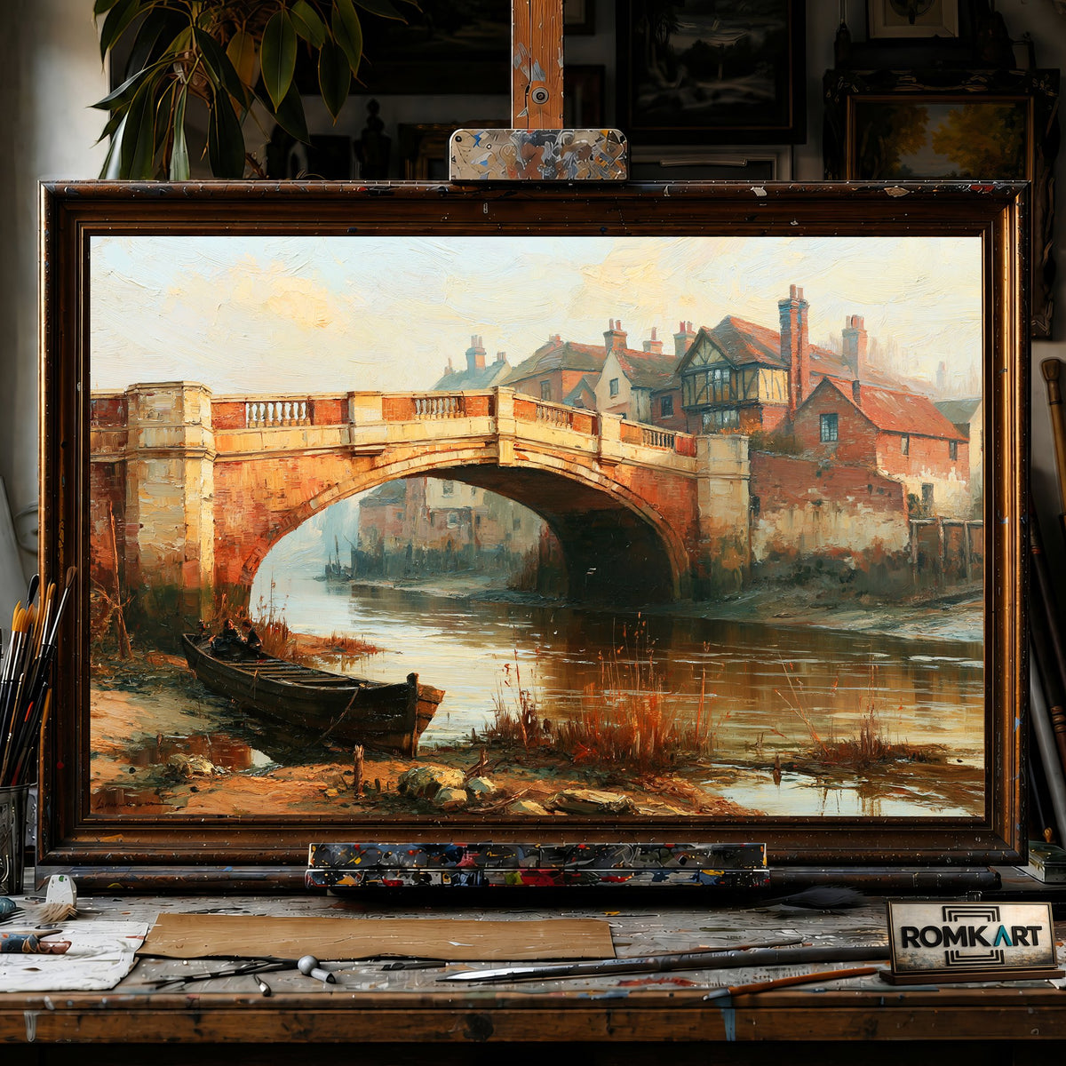 English Riverside Old Bridge - Hand-Painted Oil Painting - View 1