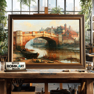 English Riverside Old Bridge Oil Painting - image 2