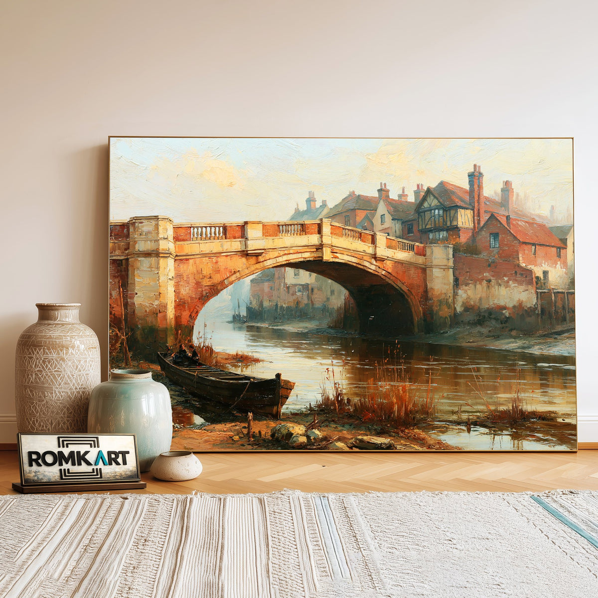 English Riverside Old Bridge Oil Painting - image 3