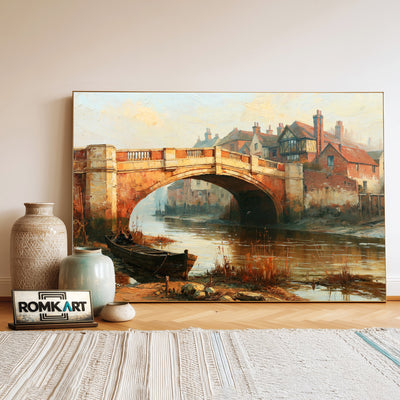 English Riverside Old Bridge Oil Painting - image 3