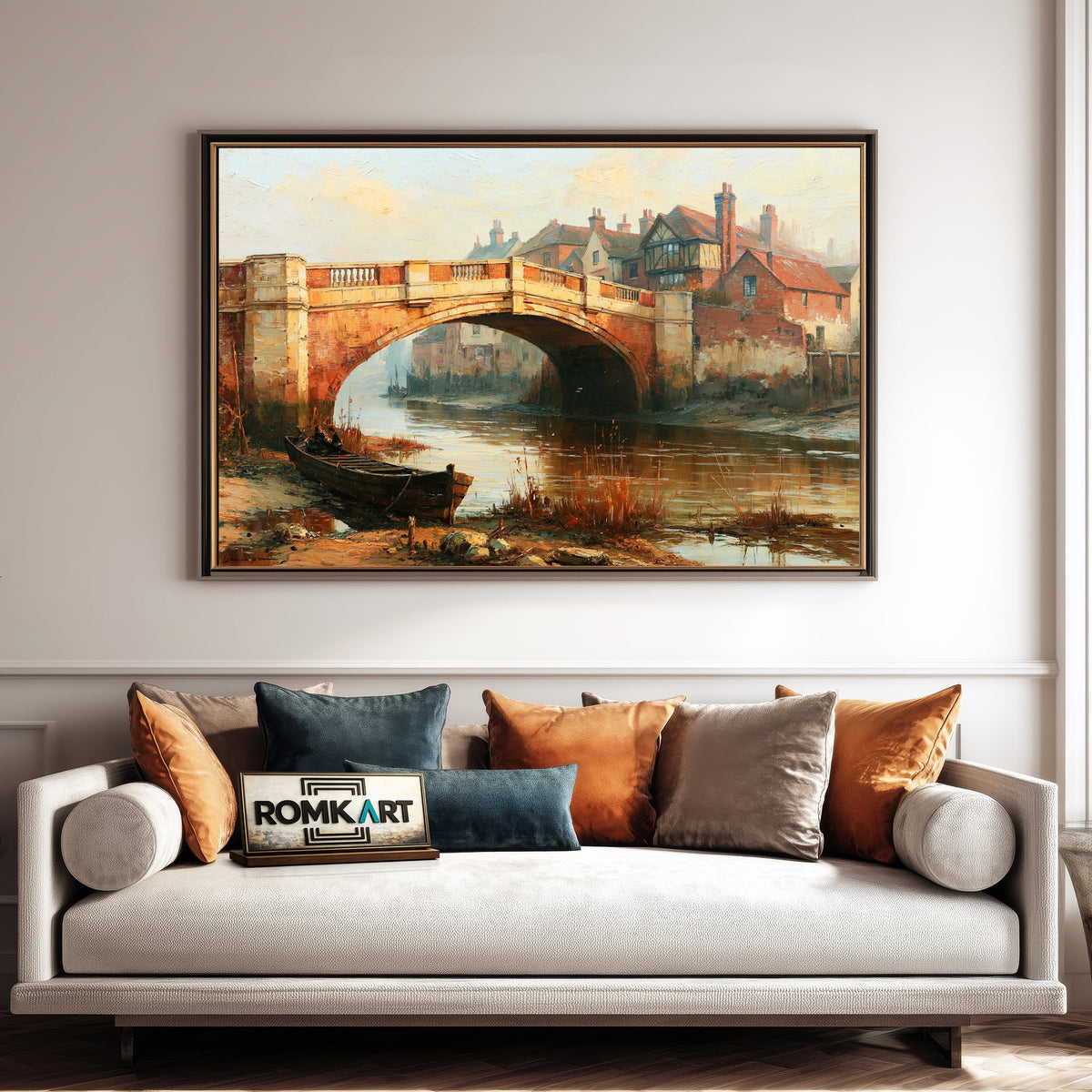 English Riverside Old Bridge Oil Painting - image 4