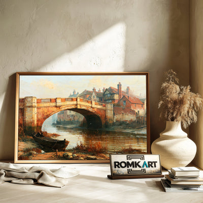 English Riverside Old Bridge Oil Painting - image 6