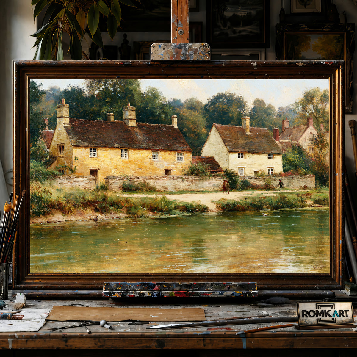 English Village Riverside hand-painted oil painting on canvas