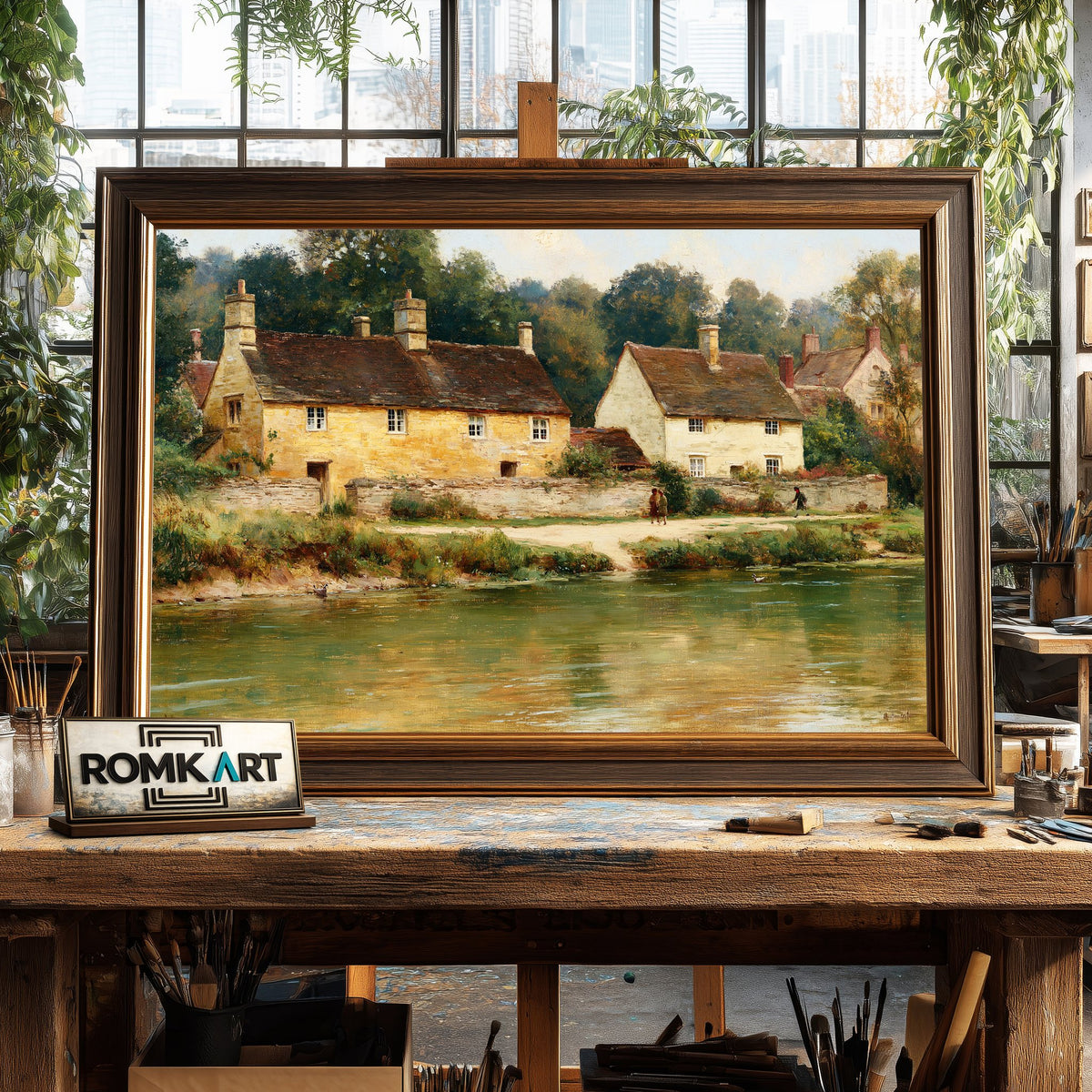 English Village Riverside Waterscape Oil Painting - image 2