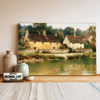 English Village Riverside Waterscape Oil Painting - image 3