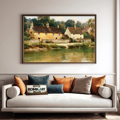 English Village Riverside Waterscape Oil Painting - image 4