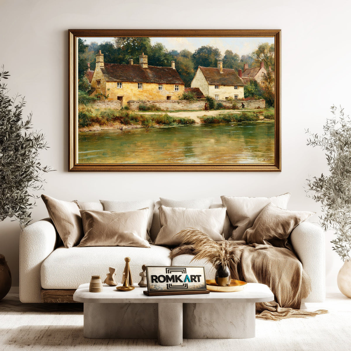 English Village Riverside Waterscape Oil Painting - image 5