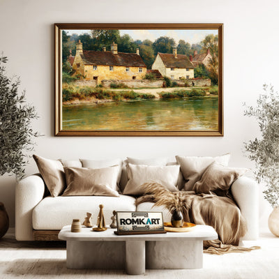 English Village Riverside Waterscape Oil Painting - image 5