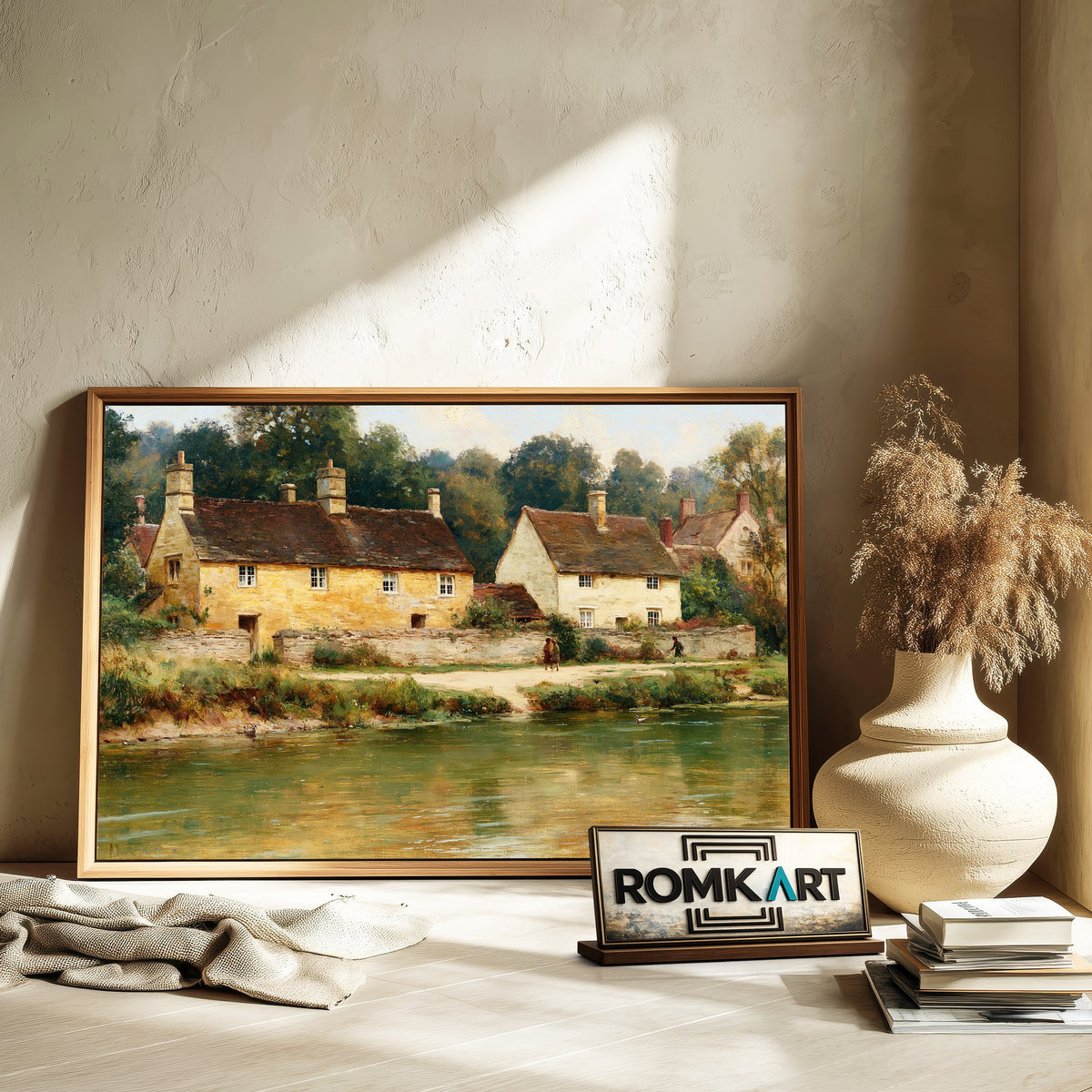English Village Riverside Waterscape Oil Painting - image 6