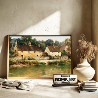 English Village Riverside Waterscape Oil Painting - image 6