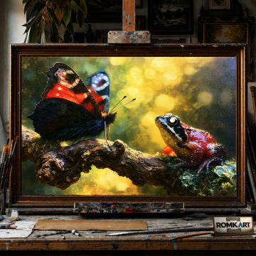 European Peacock Butterfly and Frog - Hand-Painted Oil Painting - View 1