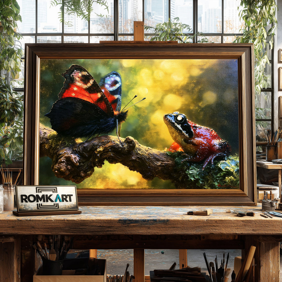 European Peacock Butterfly and Frog - Hand-Painted Oil Painting - View 1