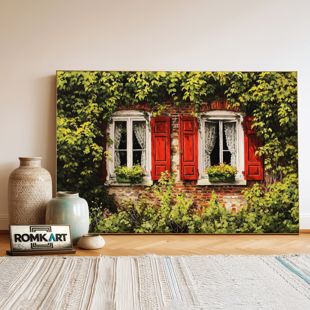 European Window Cottage Countryside Oil Painting - image 3