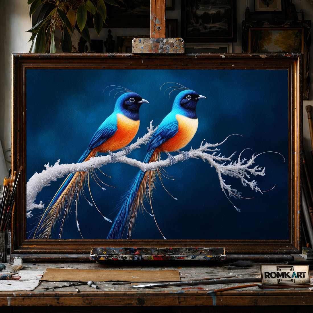Exotic Long-tailed Birds on Snow Branch hand-painted oil painting on canvas