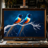 Exotic Long-tailed Birds on Snow Branch hand-painted oil painting on canvas