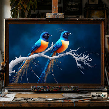 Exotic Long-tailed Birds on Snow Branch hand-painted oil painting on canvas