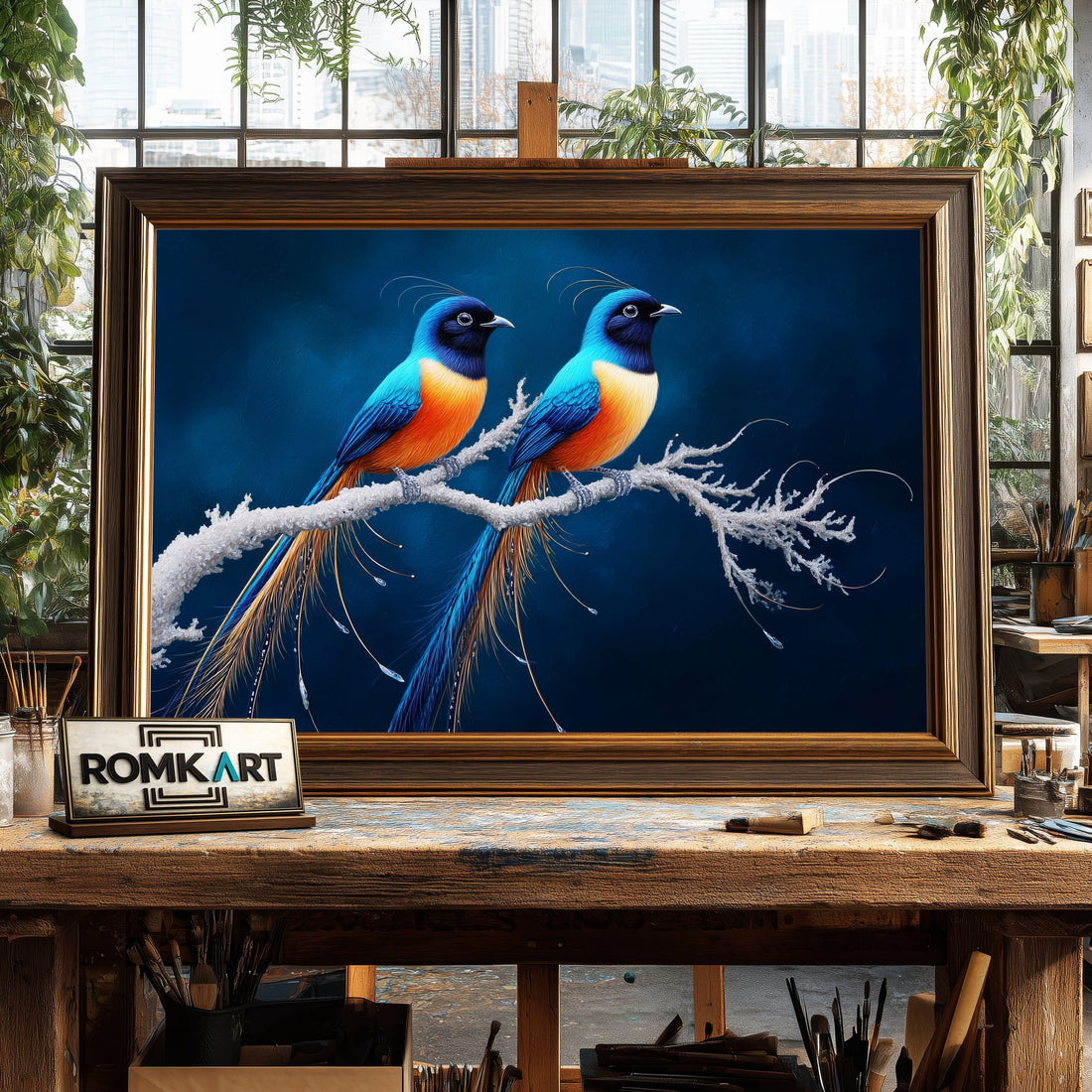 Exotic Long-tailed Birds on Snow Branch hand-painted oil painting on canvas