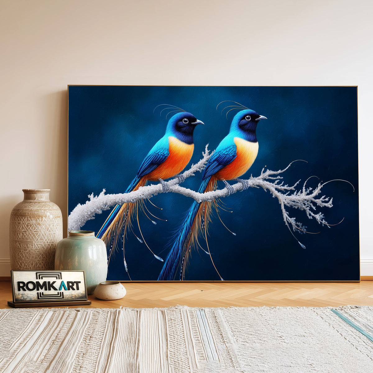 Exotic Long-tailed Birds on Snow Branch Oil Painting - image 3