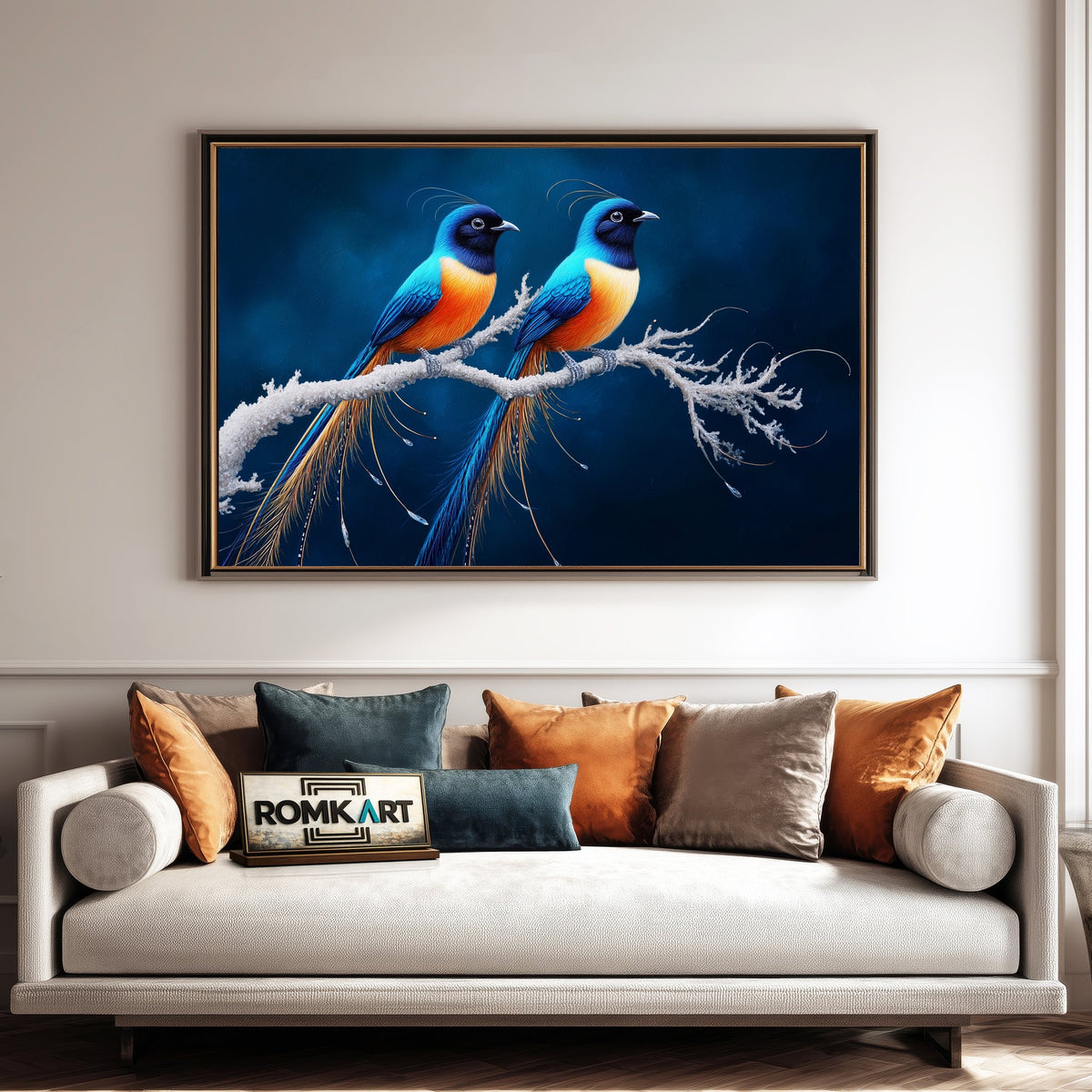 Exotic Long-tailed Birds on Snow Branch Oil Painting - image 4