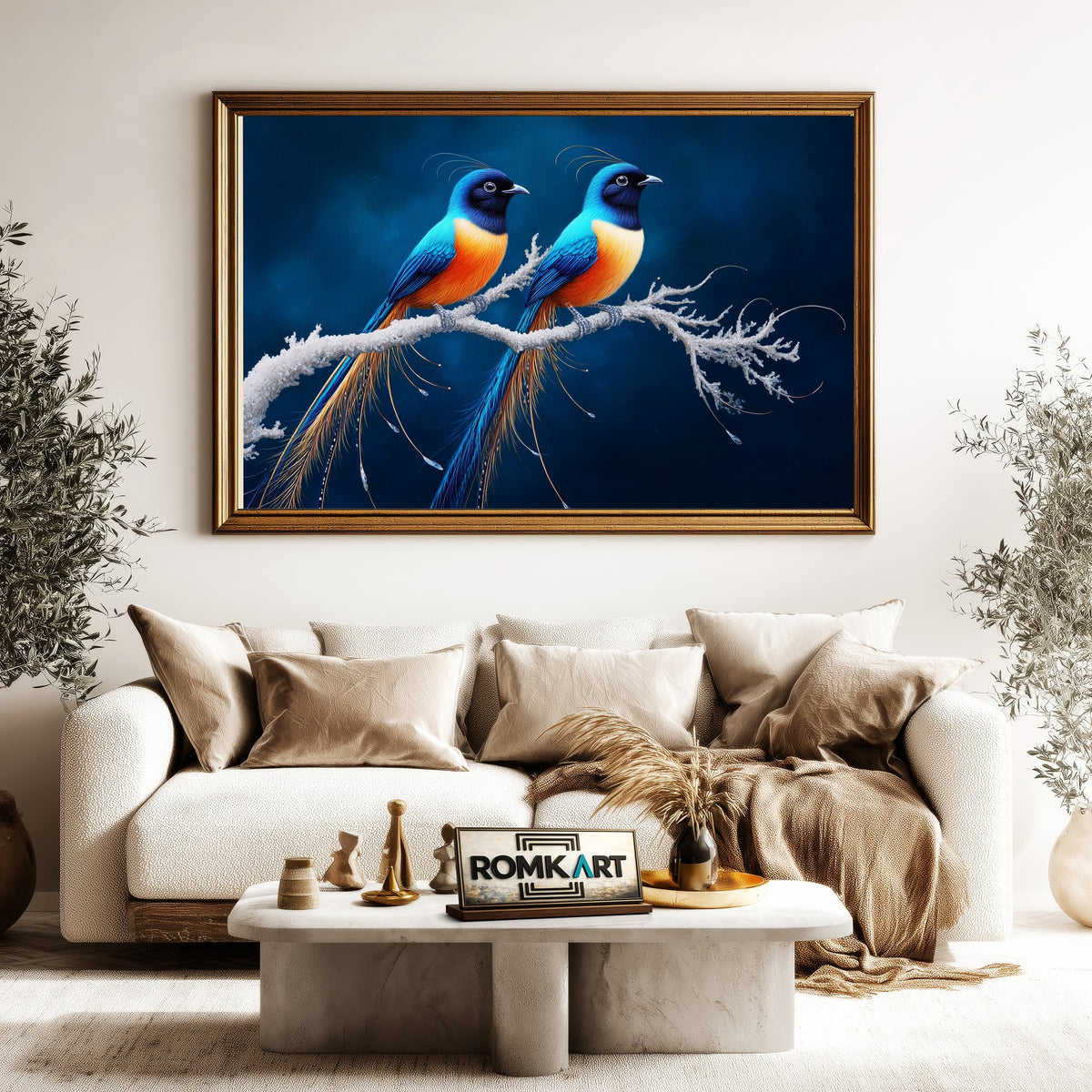 Exotic Long-tailed Birds on Snow Branch Oil Painting - image 5