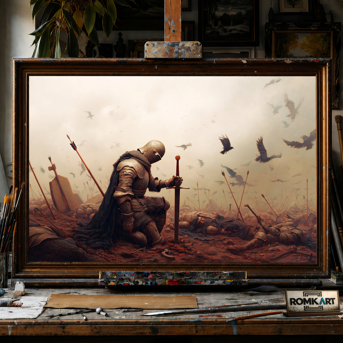Fallen Medieval Knight hand-painted oil painting on canvas
