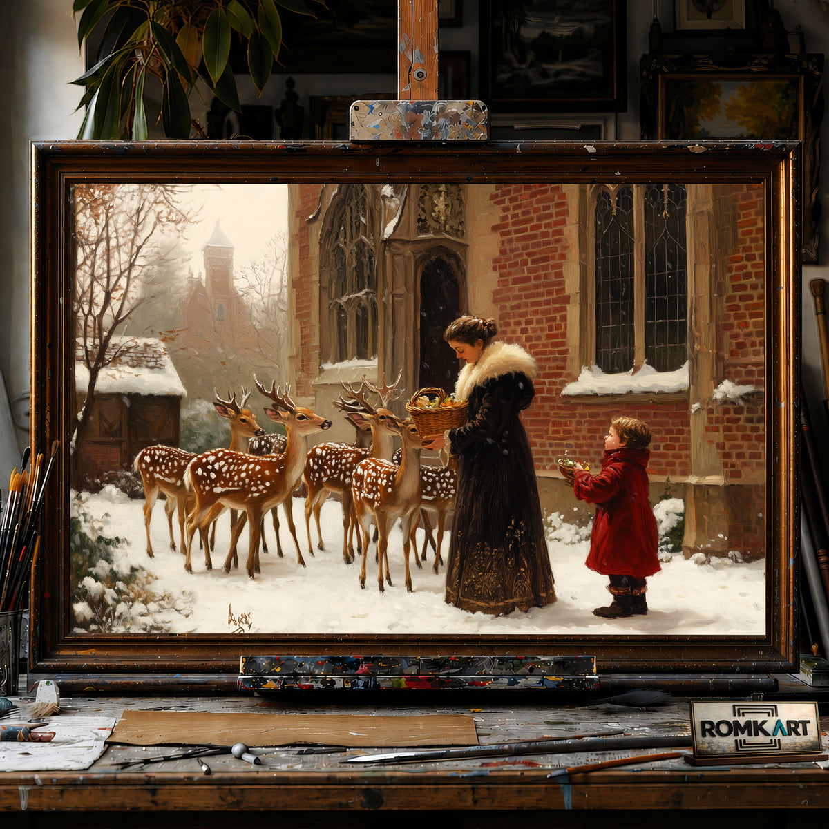 Feeding Deers Victorian Style hand-painted oil painting on canvas