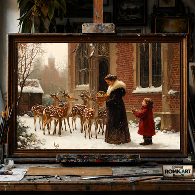 Feeding Deers Victorian Style hand-painted oil painting on canvas