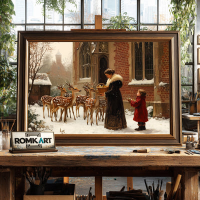 Feeding Deers Victorian Style Figurative Oil Painting - image 2