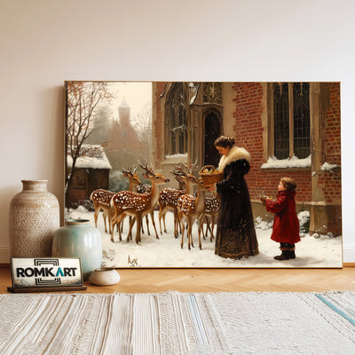 Feeding Deers Victorian Style Figurative Oil Painting - image 3