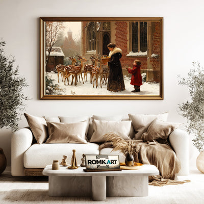 Feeding Deers Victorian Style Figurative Oil Painting - image 5