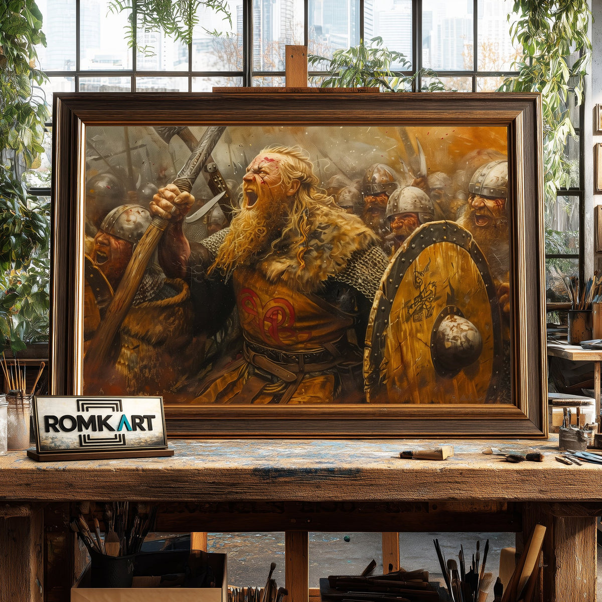 Fierce and Chaotic Viking Battle Historical Oil Painting - image 2