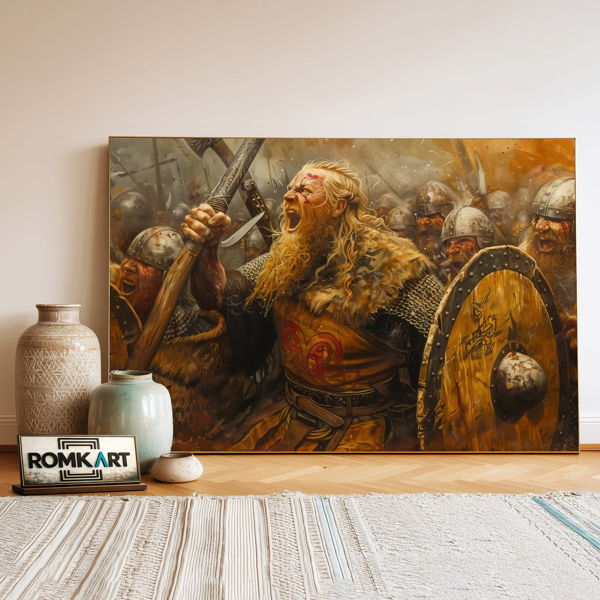 Fierce and Chaotic Viking Battle Historical Oil Painting - image 3