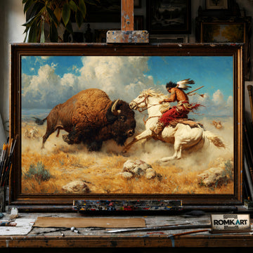 Fighting wirh Bison hand-painted oil painting on canvas