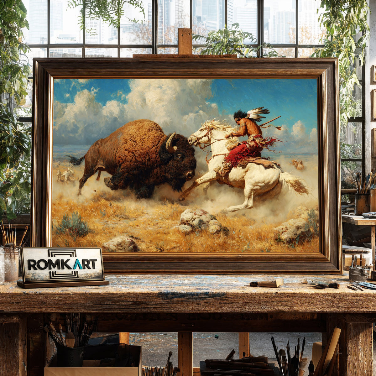 Fighting wirh Bison Native American Oil Painting - image 2