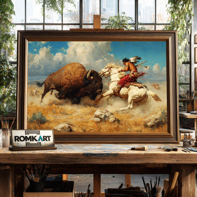 Fighting wirh Bison Native American Oil Painting - image 2