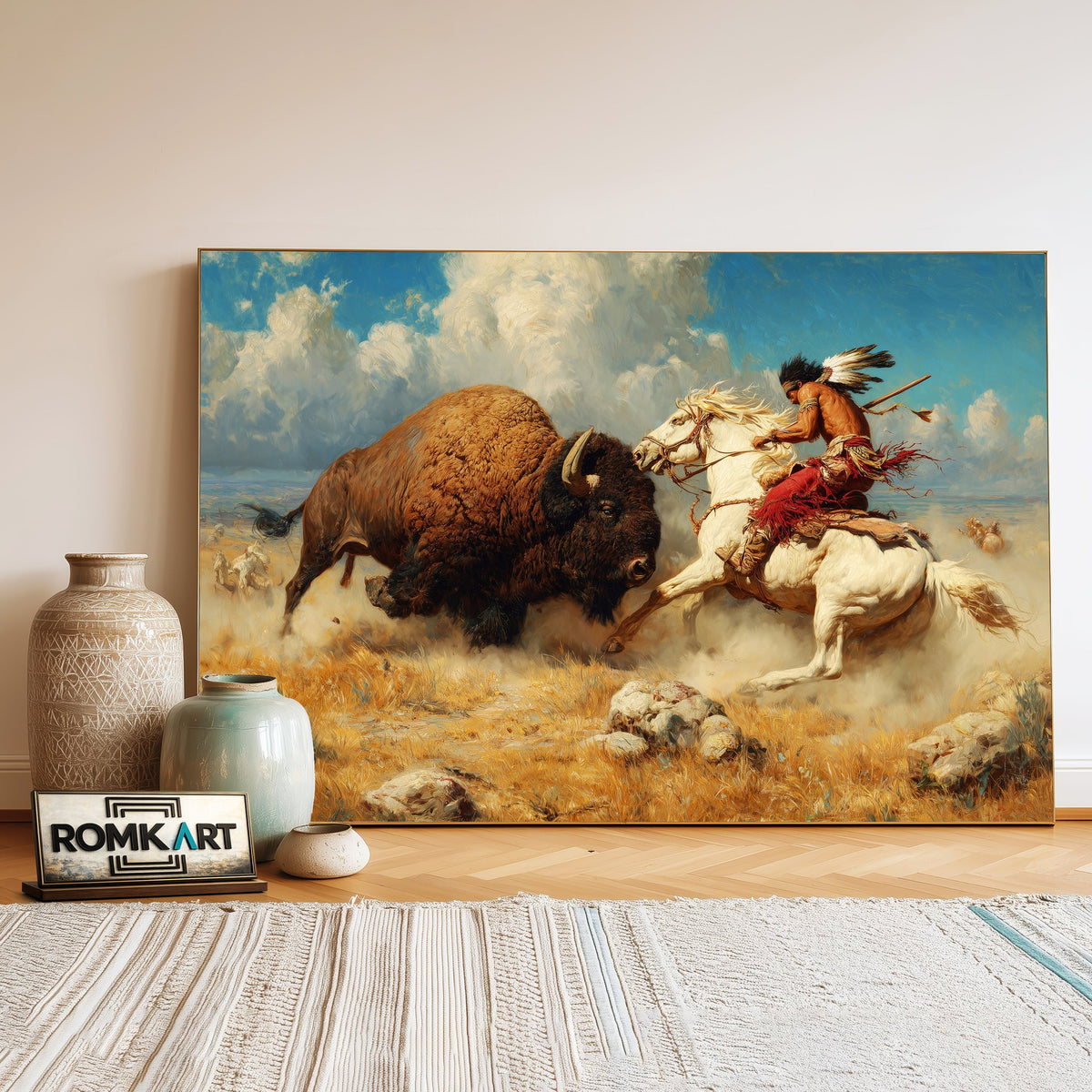 Fighting wirh Bison Native American Oil Painting - image 3