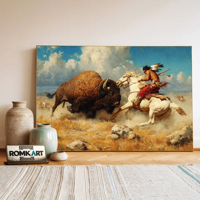 Fighting wirh Bison Native American Oil Painting - image 3