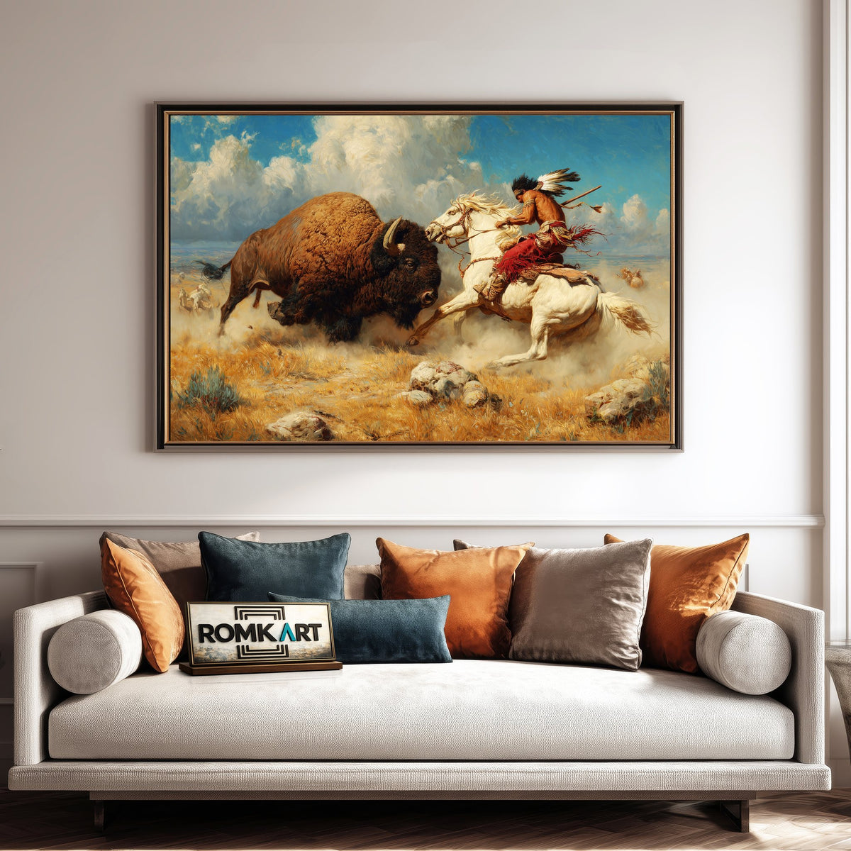 Fighting wirh Bison Native American Oil Painting - image 4