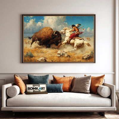 Fighting wirh Bison Native American Oil Painting - image 4