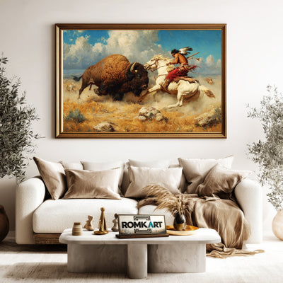 Fighting wirh Bison Native American Oil Painting - image 5