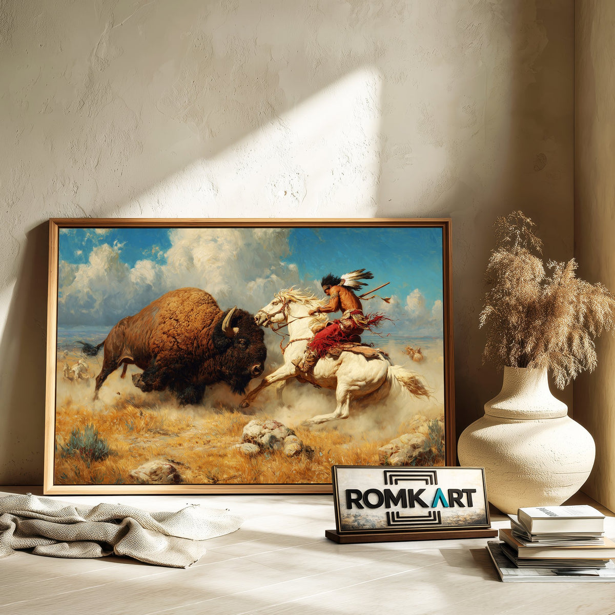 Fighting wirh Bison Native American Oil Painting - image 6