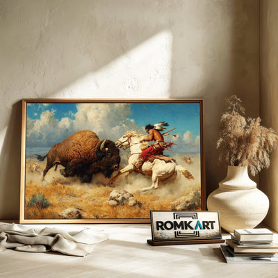 Fighting wirh Bison Native American Oil Painting - image 6