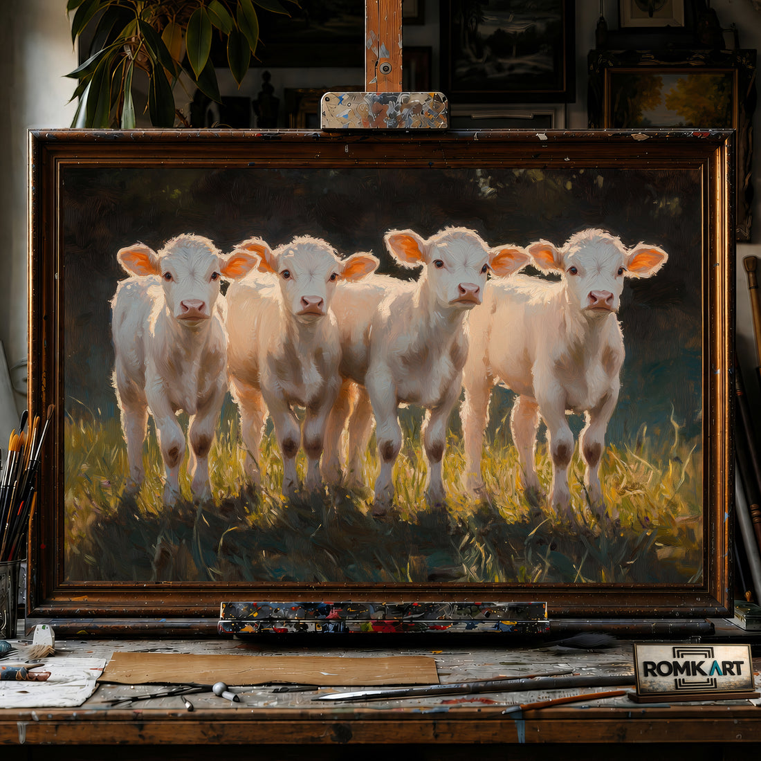 Five Young White Calves hand-painted oil painting on canvas