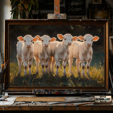 Five Young White Calves hand-painted oil painting on canvas