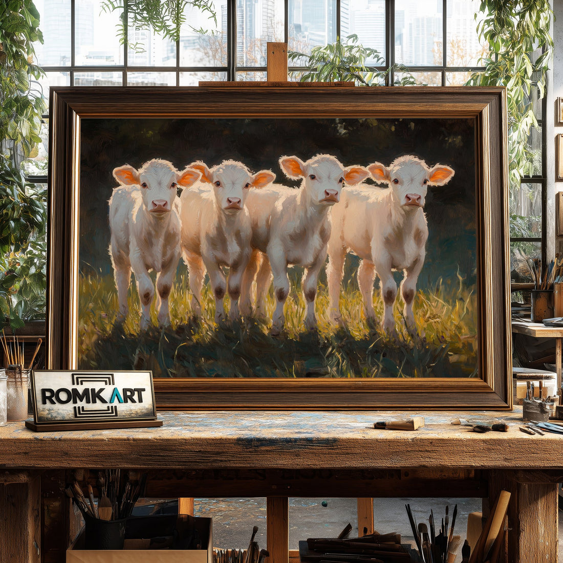 Five Young White Calves hand-painted oil painting on canvas