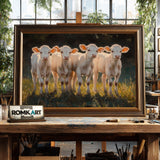 Five Young White Calves Farm Animal Oil Painting - image 2