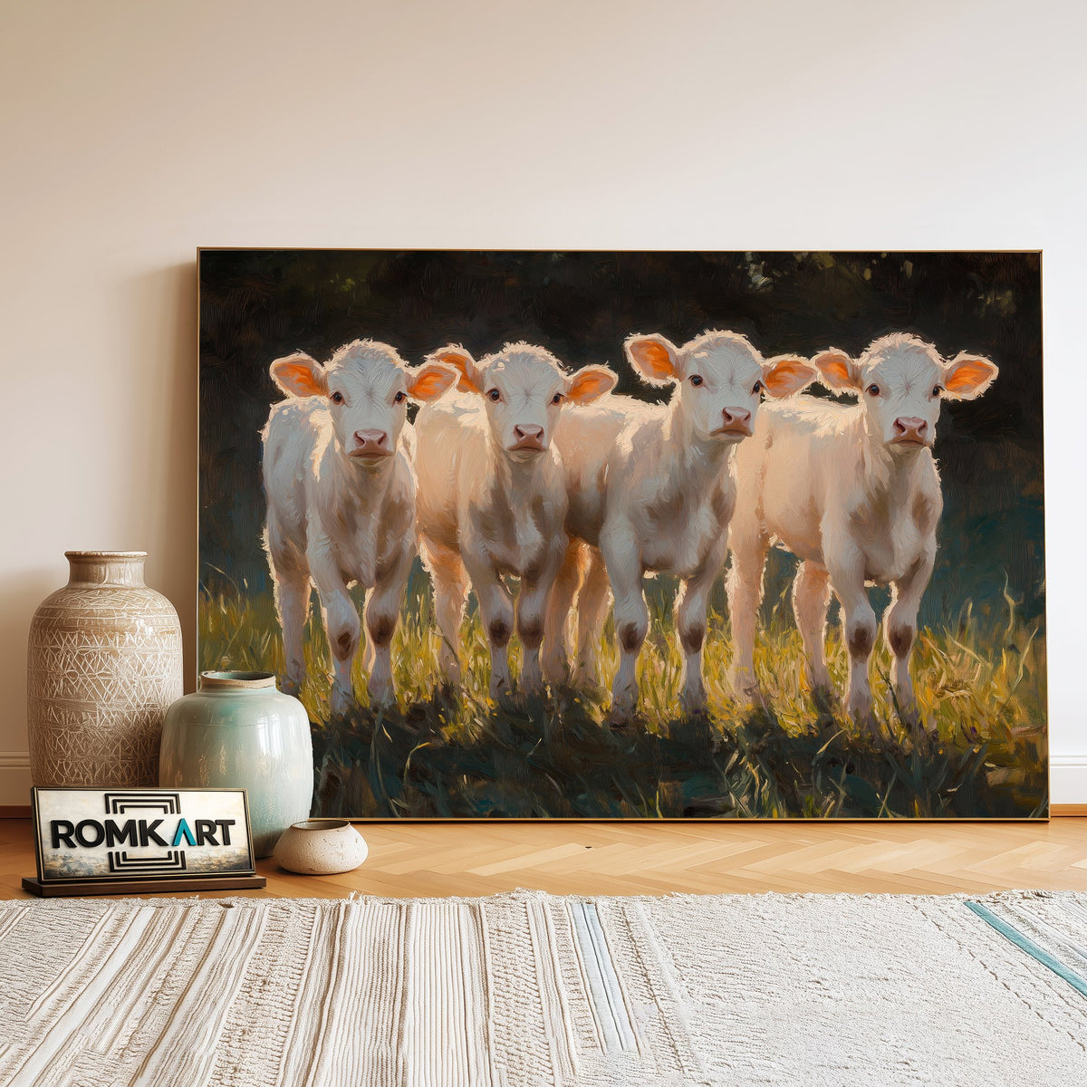 Five Young White Calves Farm Animal Oil Painting - image 3