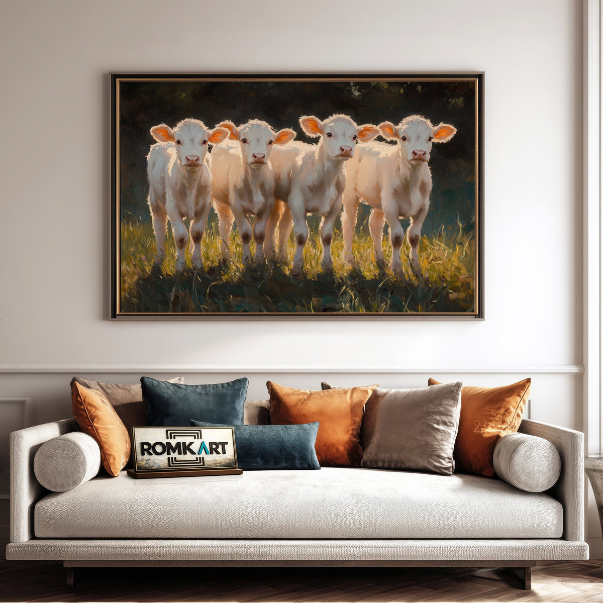 Five Young White Calves Farm Animal Oil Painting - image 4