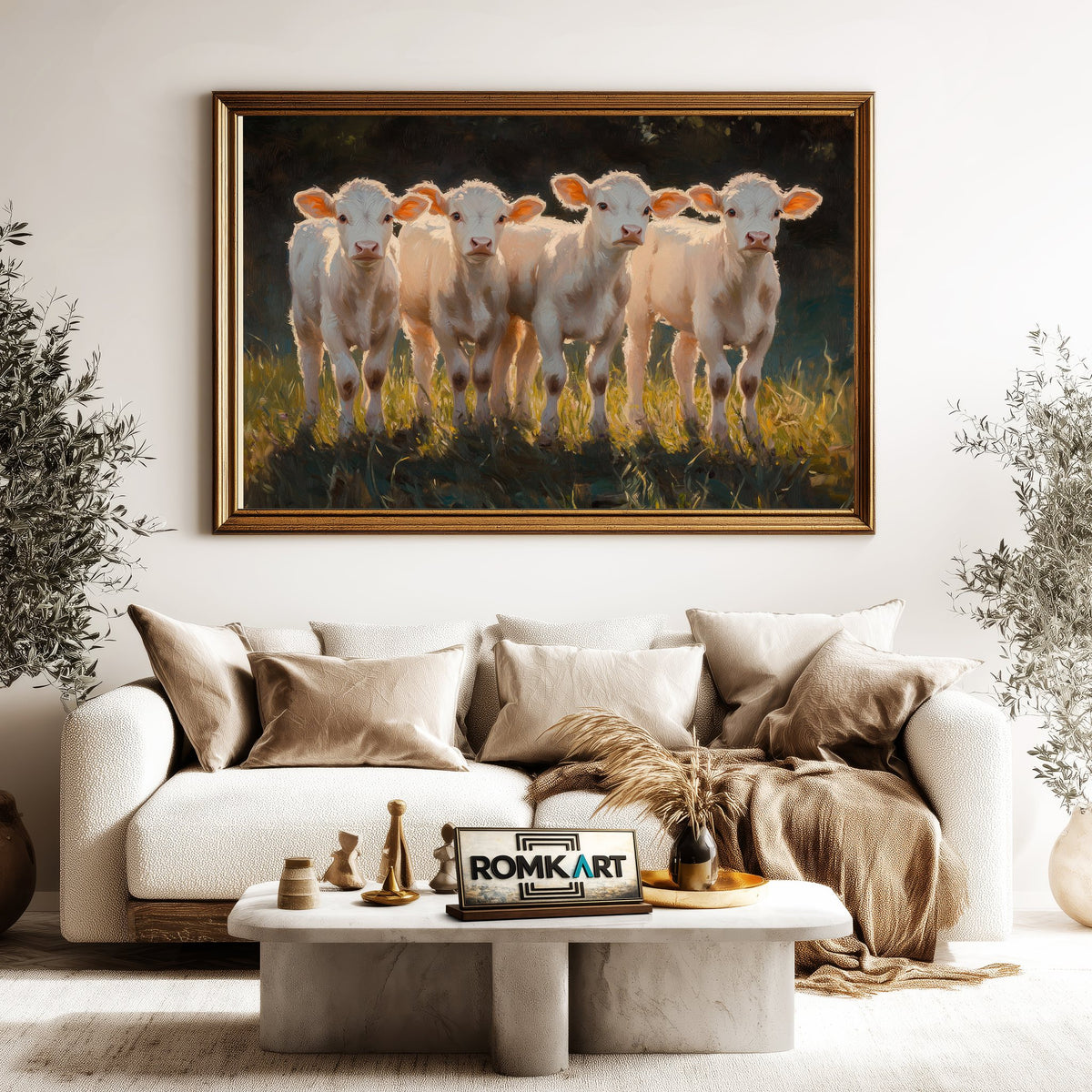 Five Young White Calves Farm Animal Oil Painting - image 5