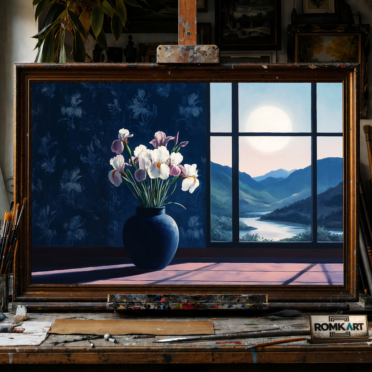 Floral Still Life in Moon Light Oil Painting